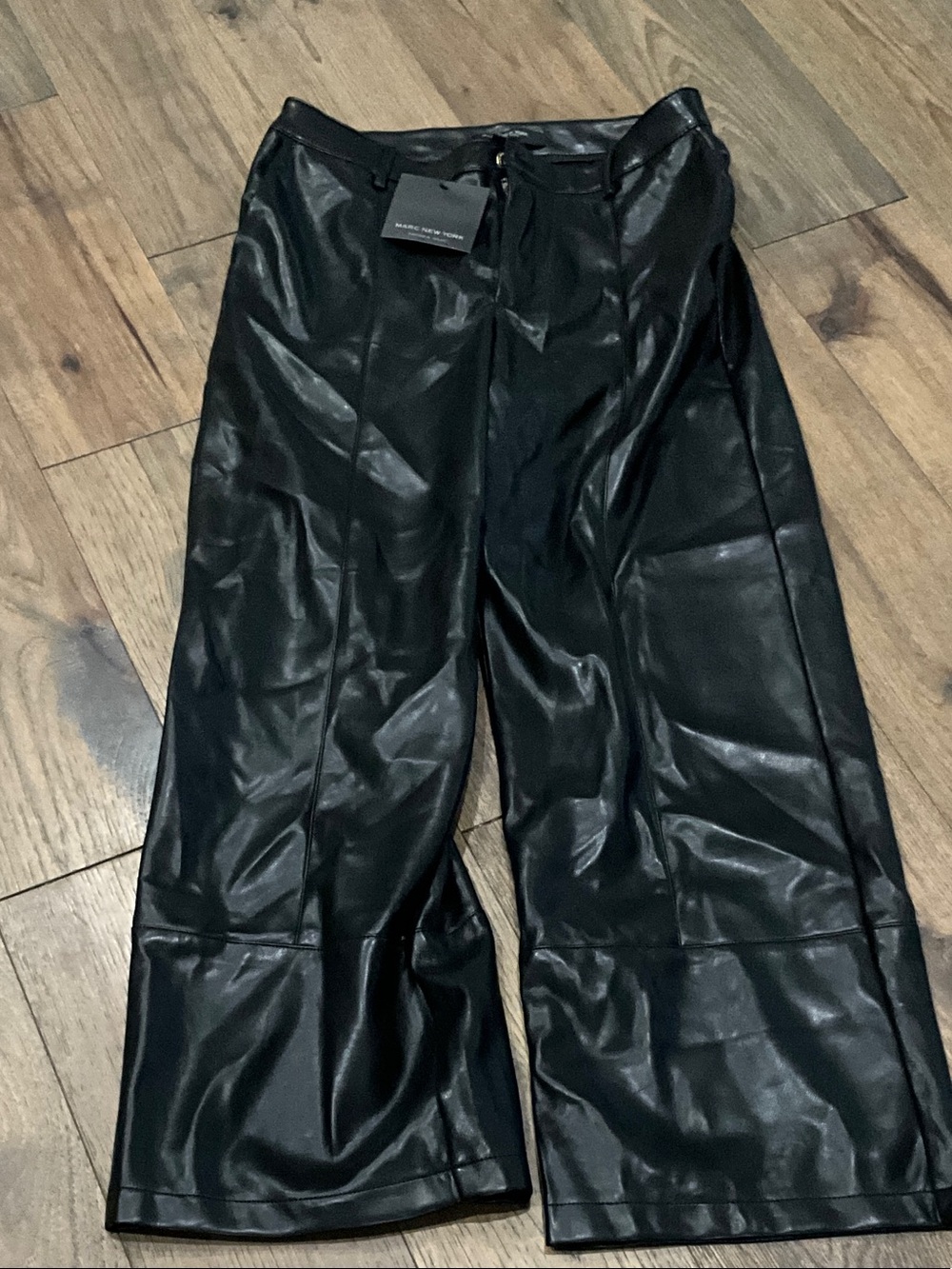 Ladies Black Faux Leather Wide-Leg Pants
